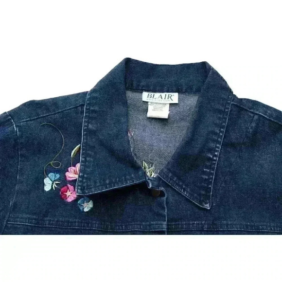 Blair Women's Large Embroidered Floral Collared Chambray Button-Up Denim Shacket - Picture 3 of 9